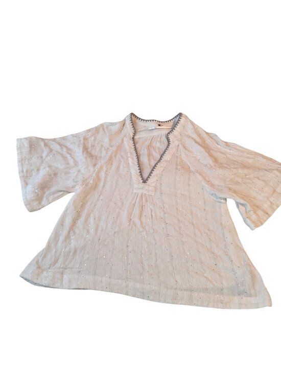 Free People Tops - Free People Top Size L White Textured Glittery Top W/ Crochet Trim Bell Sleeves